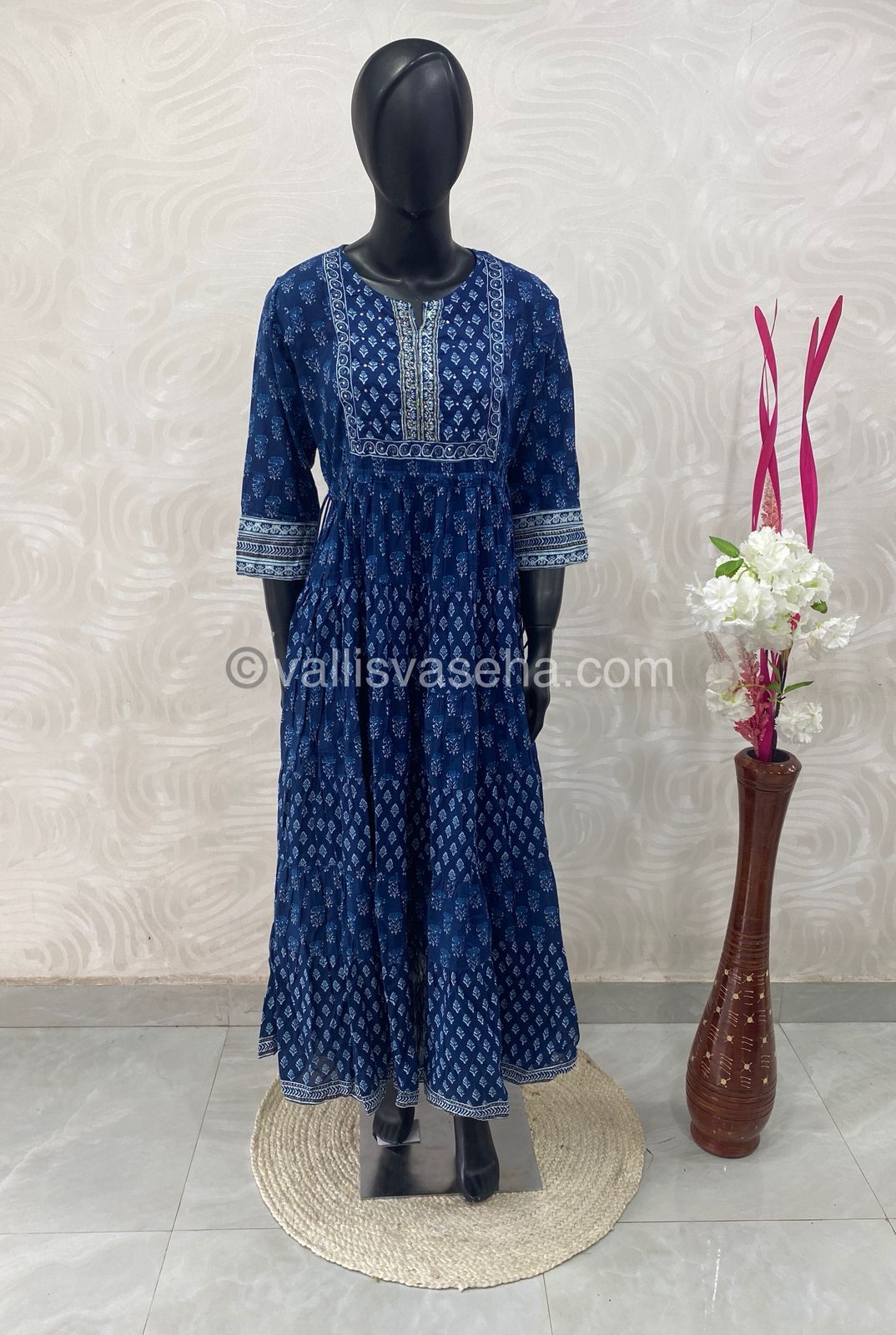 Ready Made - Long Floor Length Kurti - Ajrakh Design - VVLG002