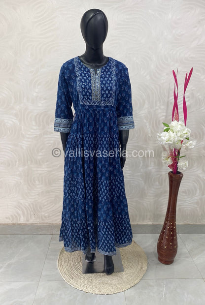 Ready Made - Long Floor Length Kurti - Ajrakh Design - VVLG002