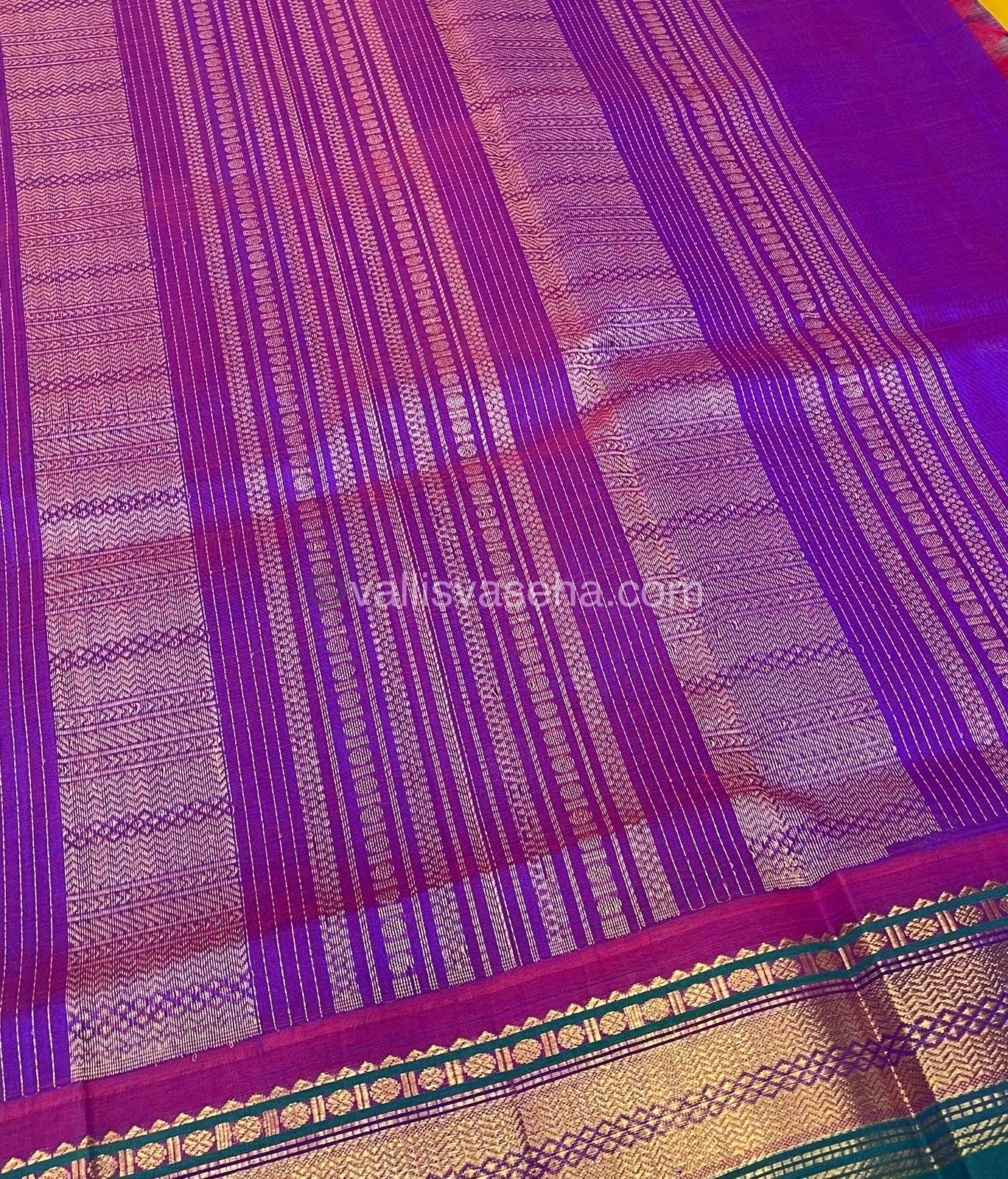 Pure Korvai Silk Cotton Saree - with Mango Yellow With  Purple Combo - VVKSC004