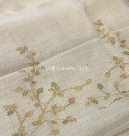 Tissue Linen Saree - Cream With Yellow Shade - VVTLS002