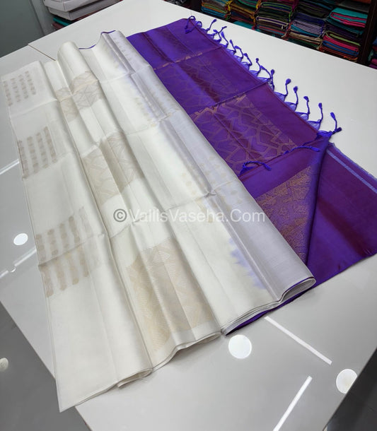 Pure Soft Silk Saree - Light Weight - Borderless - White & Purple - VVPSS027