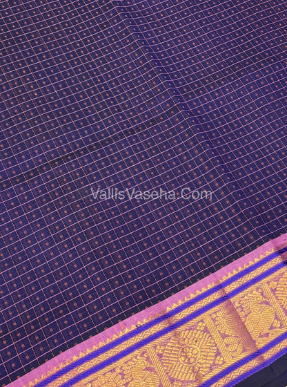 Pure Silk Cotton Saree - Navy Blue￼With Peachish Pink Shade - Lakshadeepam Design - VVPLD001