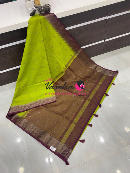 Semi Jute Silk Saree - Green With Maroon Shade- VVSJS002
