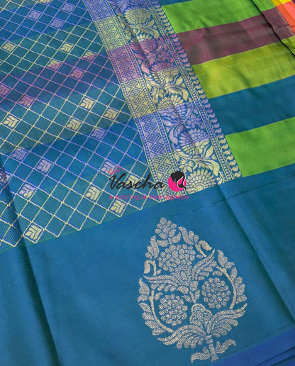 Semi Soft Silk  - Madras Checks Pattern - Peacock Blue Shade - VVSSS042