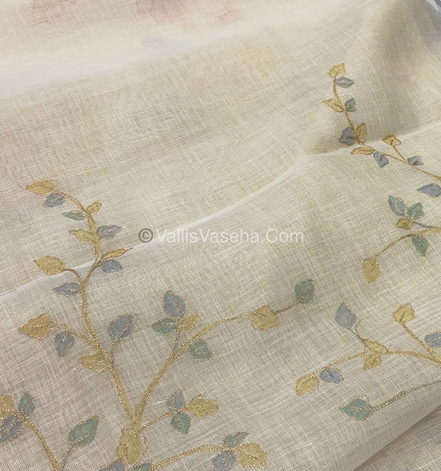Tissue Linen Saree - Cream With Blue Shade - VVTLS003