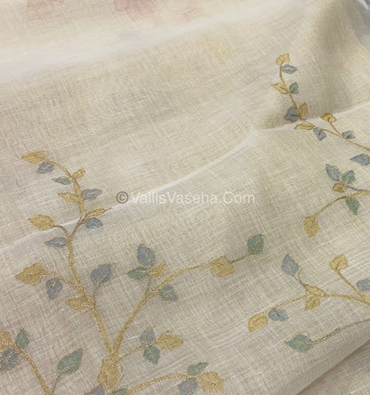 Tissue Linen Saree - Cream With Blue Shade - VVTLS003