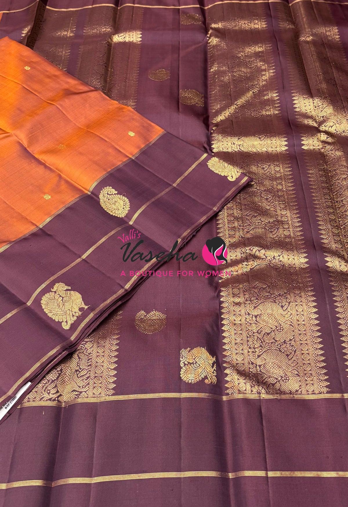 Pure Kanchipuram Silk Saree - Rust Orange & Wine Brown Combo - VVPS046