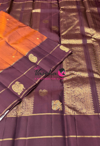 Pure Kanchipuram Silk Saree - Rust Orange & Wine Brown Combo - VVPS046