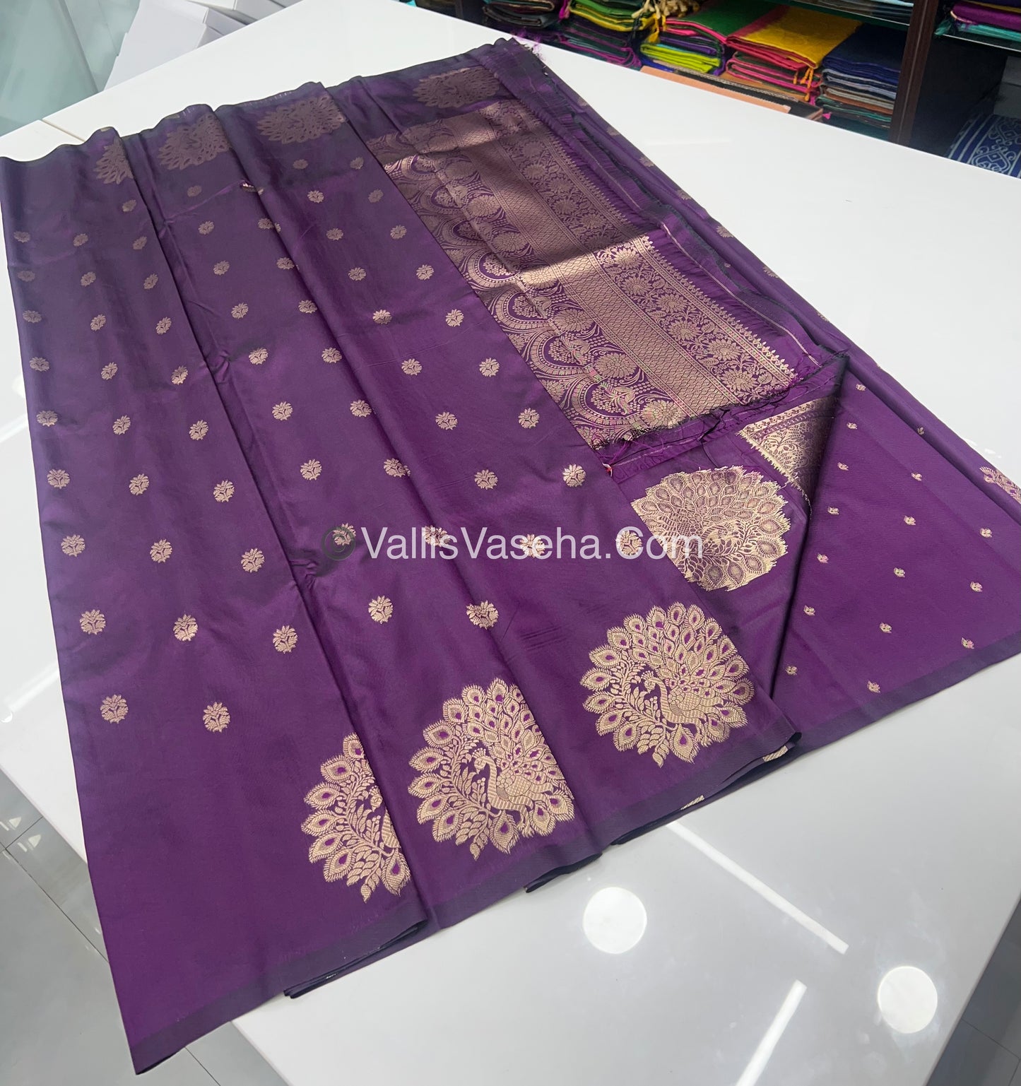 Semi Soft Silk - Peacock Butta Border - Dark Purple Shade -VVSSS011