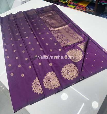 Semi Soft Silk - Peacock Butta Border - Dark Purple Shade -VVSSS011