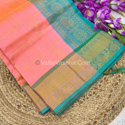 Pure Silk Cotton Saree - Mayil & Chakkaram Design - Baby Pink With Blue  - VVMC001