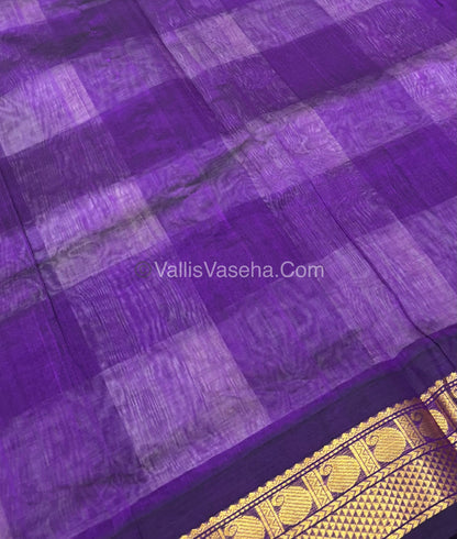 Pure Korvai Silk Cotton With Retta Petta Border -Black & White kattam pattern with Purple Combo - VVKSC003
