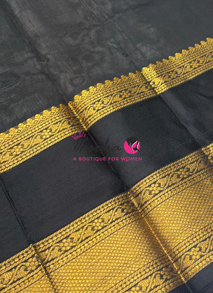Pure Korvai Silk Cotton - Checks Pattern - Grey With Black Shade  - VVKSC034