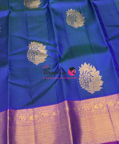 Pure Kanchipuram Bridal Silk Saree - Embossed Design - Peacock Blue With Purple Combo - VVPS023