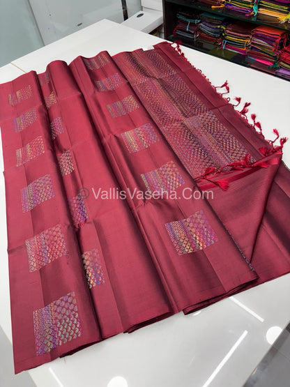 Pure Soft Silk Saree - Border Less - Maroon Shade - Multi Color Zari Weaving - VVPSS055