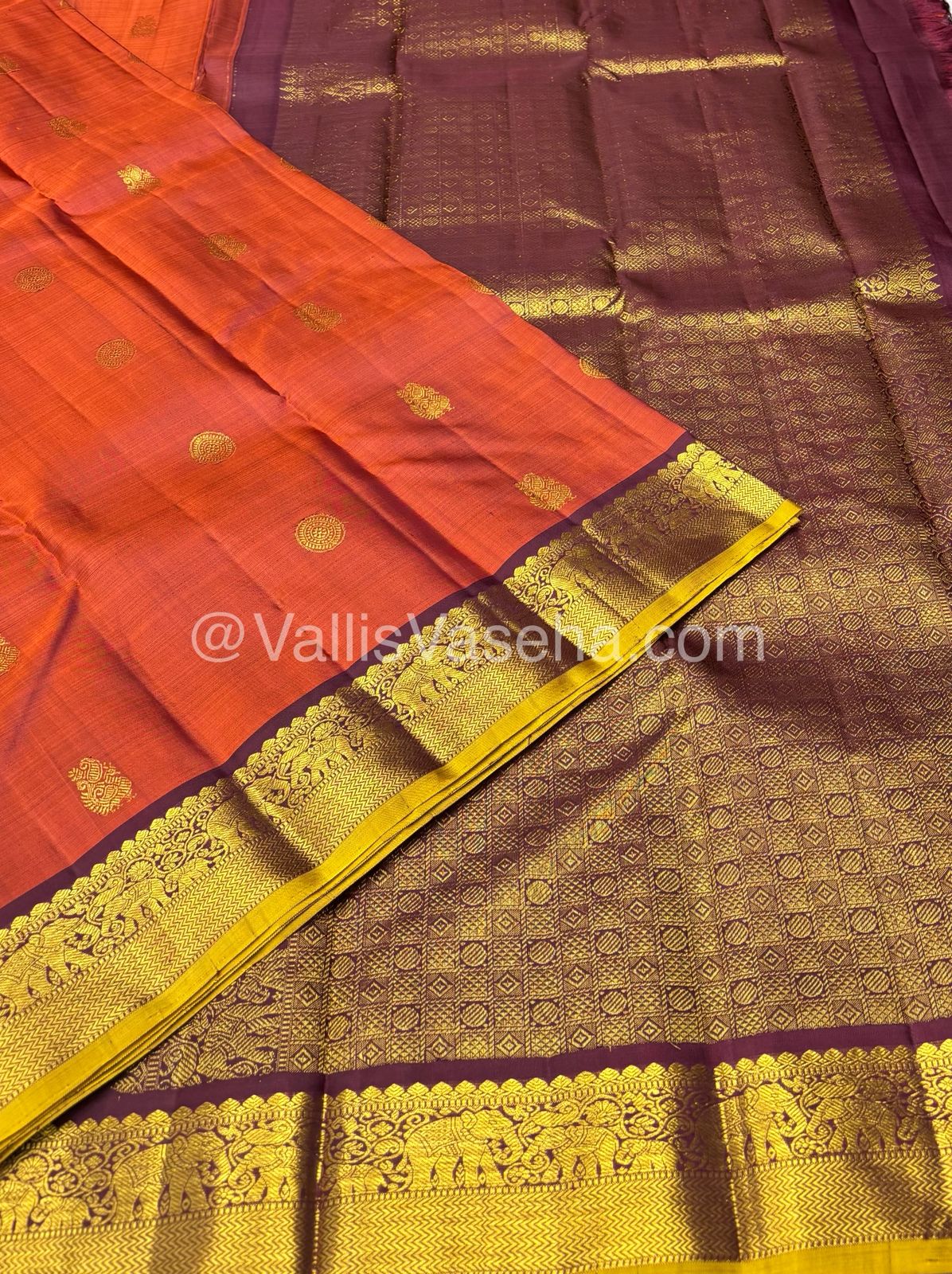 Pure Kanchipuram Silk Saree - Rust Gold & Brownish Wine Combo - VVPS015