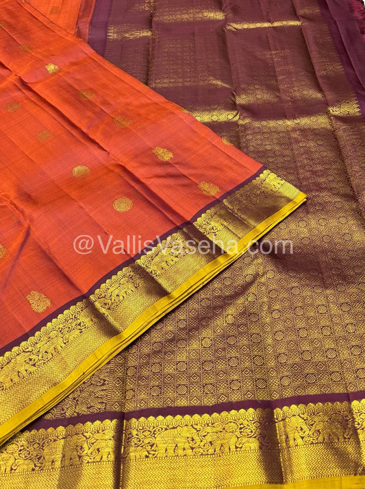 Pure Kanchipuram Silk Saree - Rust Gold & Brownish Wine Combo - VVPS015