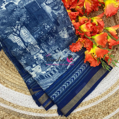 Semi Maheshwari Mixed Cotton Saree - Linen Feel - Indigo Blue - VVMSC008