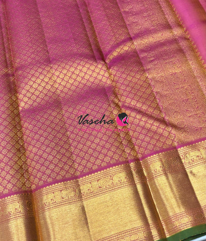 Pure Kanchipuram Silk Saree - Vairavoosi Design  - Green With Pink - VVPS059
