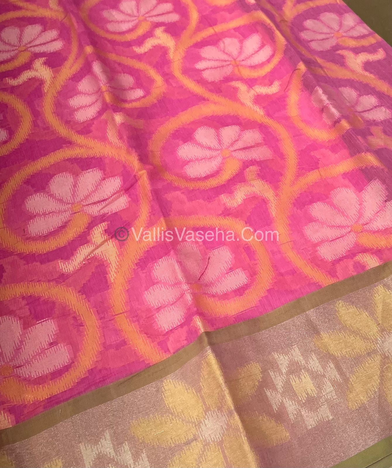 Banarasi Pochampally Weaving Semi Soft Cotton Saree - Pink with Green- VVBPS001