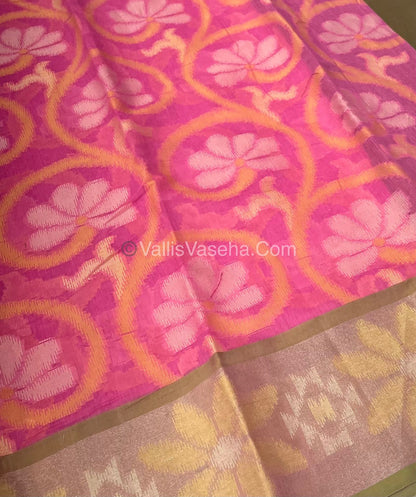 Banarasi Pochampally Weaving Semi Soft Cotton Saree - Pink with Green- VVBPS001
