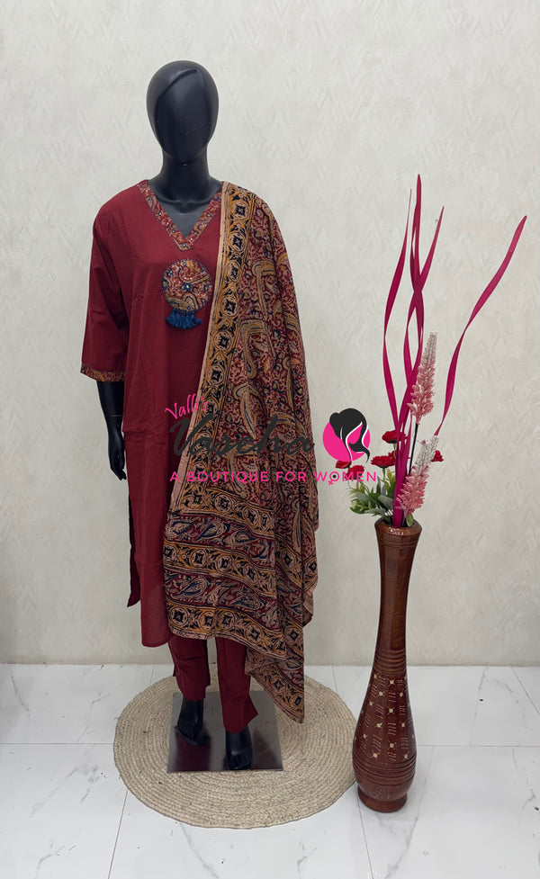Ready Made - Pure Kalamkari Cotton - Salwar, Kameez & Duppatta(3pc)- Cotton - VVRKC001