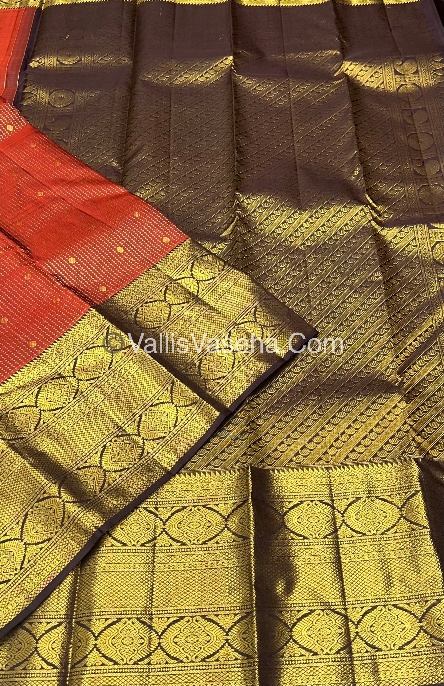 Pure Kanchipuram Silk Saree - Dark Rust Orange With Wine Brown Combo - VVPS012
