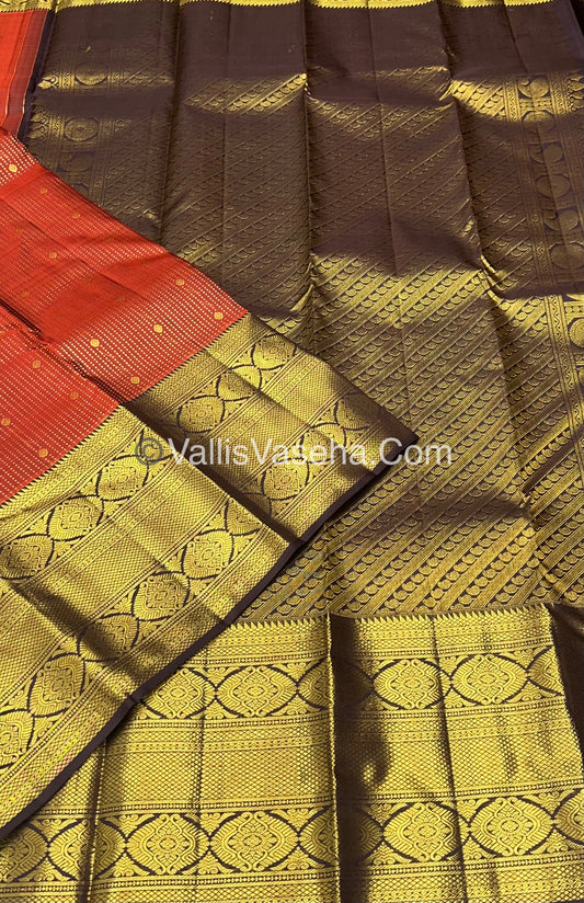 Pure Kanchipuram Silk Saree - Dark Rust Orange With Wine Brown Combo - VVPS012