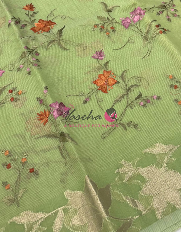 Kota Saree - Embroidery Weaving - Green Shade - VVKES001