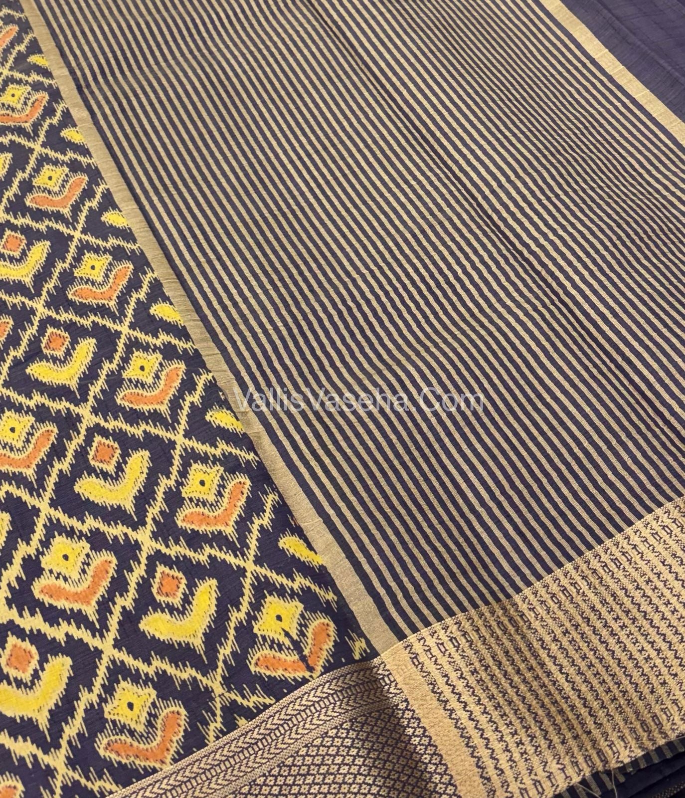 Semi Tussar Silk Saree - Ikkat / Pochampally Design - Navy Blue Shade - VVSTS033