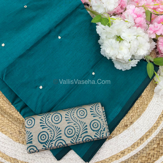 South Mixed Cotton - Mirror Work Embroidery - Blue With Greyish Cream- VVPCM002