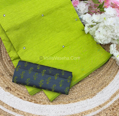 Poly Silk Mixed Cotton - Mirror Work Embroidery - Green with Grey - VVPCM001