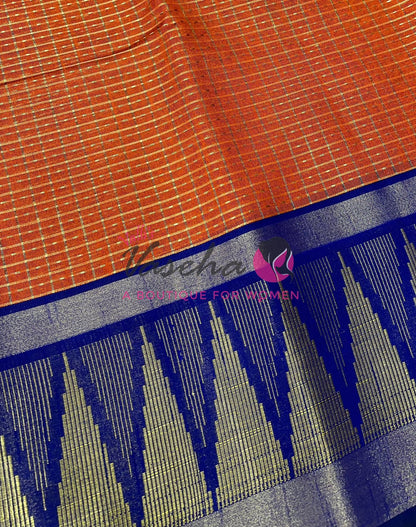 Semi Raw Silk - Lakshadeepam Design - Rust Orange With Blue Shade - VVRS008