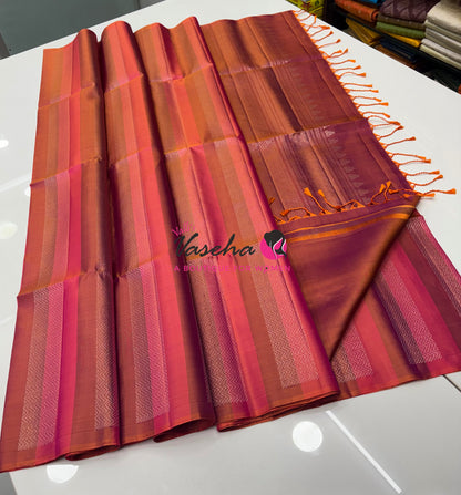 Pure Soft Silk Saree - Border Less  - Peach With Dual Tone Orange Combo - VVPSS068