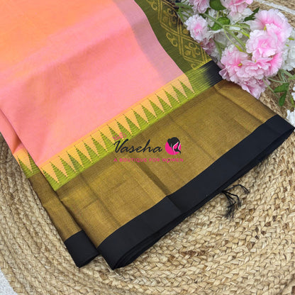 Pure Korvai Silk Cotton Saree - Peach With Black Shade Temple border - VVKSC001