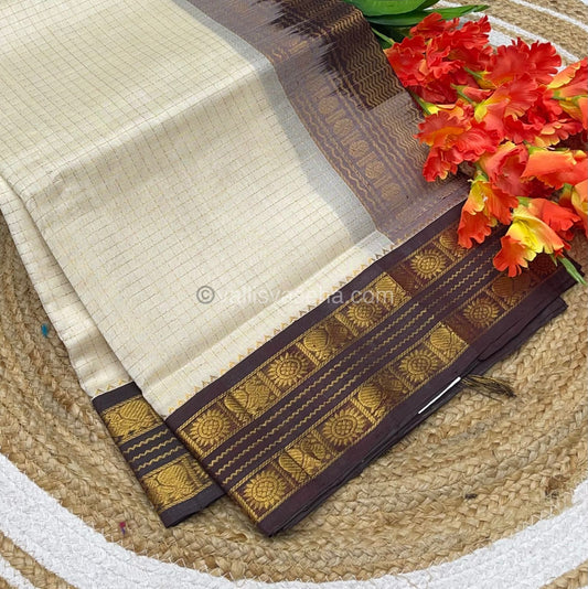 Pure Korvai Silk Cotton - Retta Petta Border - Cream( Half White )with Brown Combo - VVKSC010