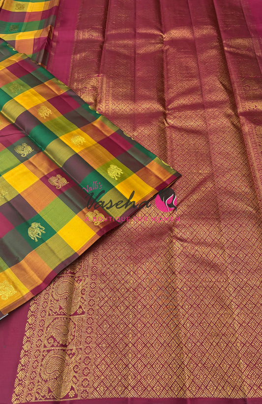 Pure Kanchipuram Silk Saree - Pazhum Pazhamum Checks - VVPS017