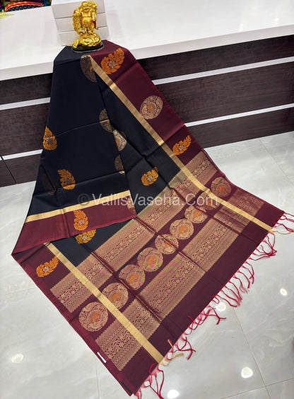 Kora Silk Saree - SICO -  Black With Maroon Shade  - VVKS002