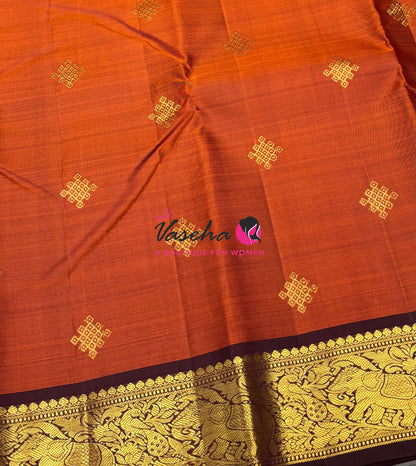 Pure Kanchipuram Silk Saree - Rust Orange & Wine Brown Combo - VVPS068