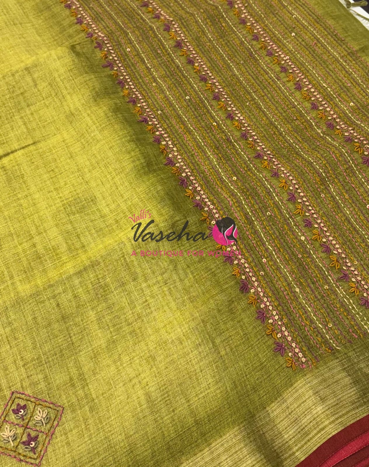 French Knot - Linen Tissue Saree - Green Shade - Heavy Work Blouse - VVLFN016