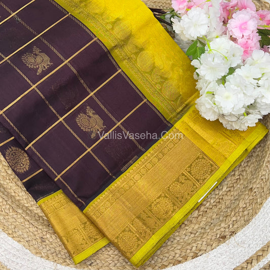 Pure Silk Cotton Saree - Mayil & Chakkaram Design - Brownish Wine With Lemon Yellowish Green Shade - VVMC001