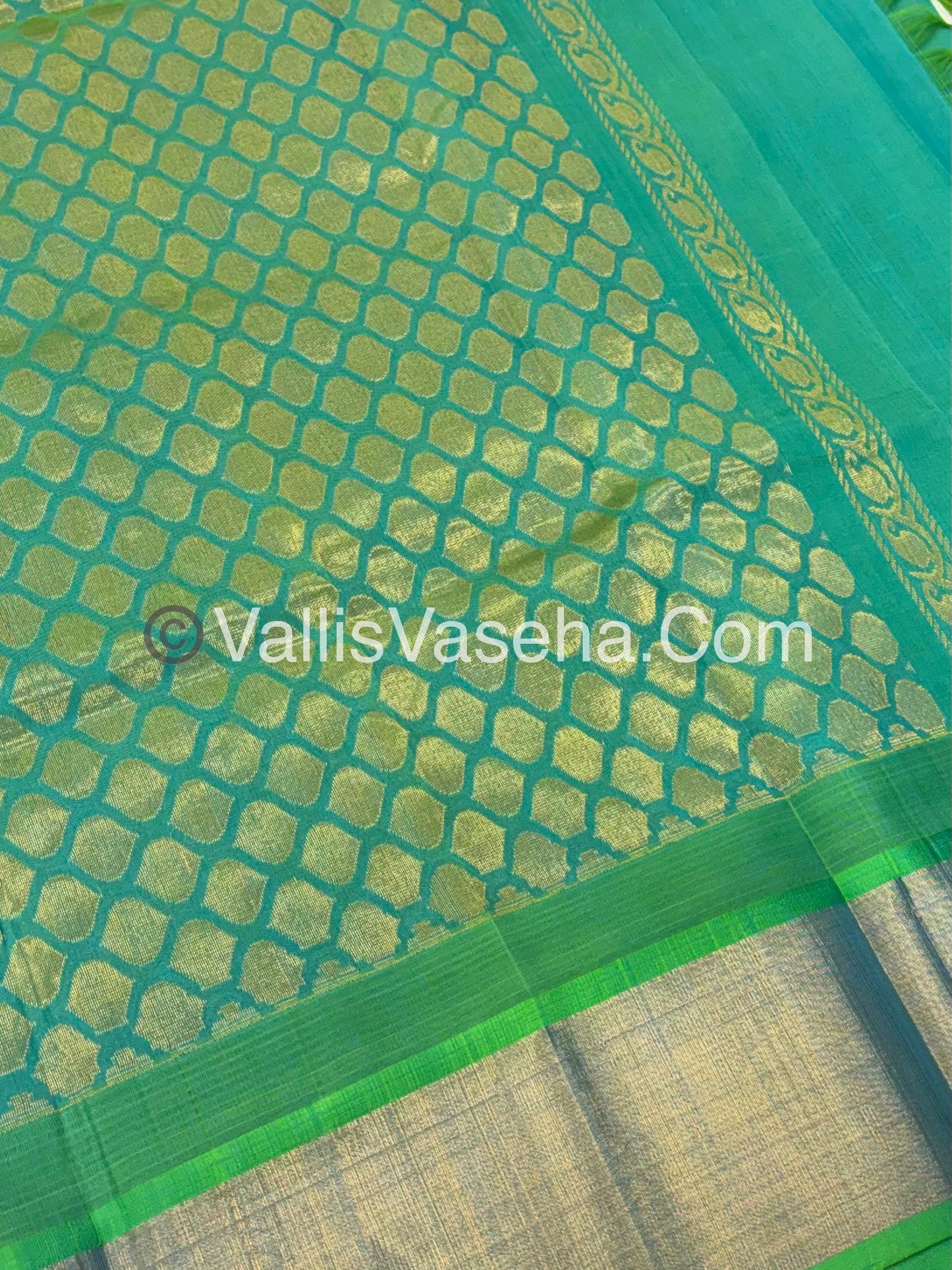 Pure Korvai Silk Cotton Saree - Half white with Turquoise Greenish Blue Combo - Temple border - VVKSC001