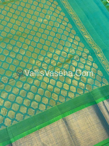 Pure Korvai Silk Cotton Saree - Half white with Turquoise Greenish Blue Combo - Temple border - VVKSC001