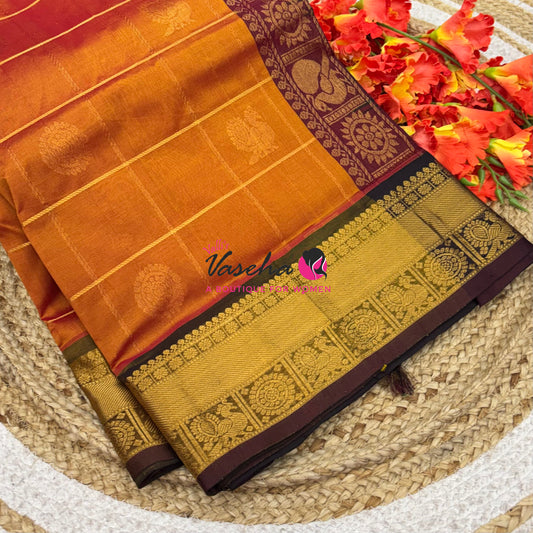 Pure Silk Cotton Saree - Mayil & Chakkaram Design - Orange With Brown  Shade - VVMC001