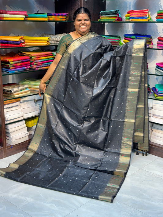Semi Raw Silk - Paithani Design Weaving - Black Shade - VVRS005