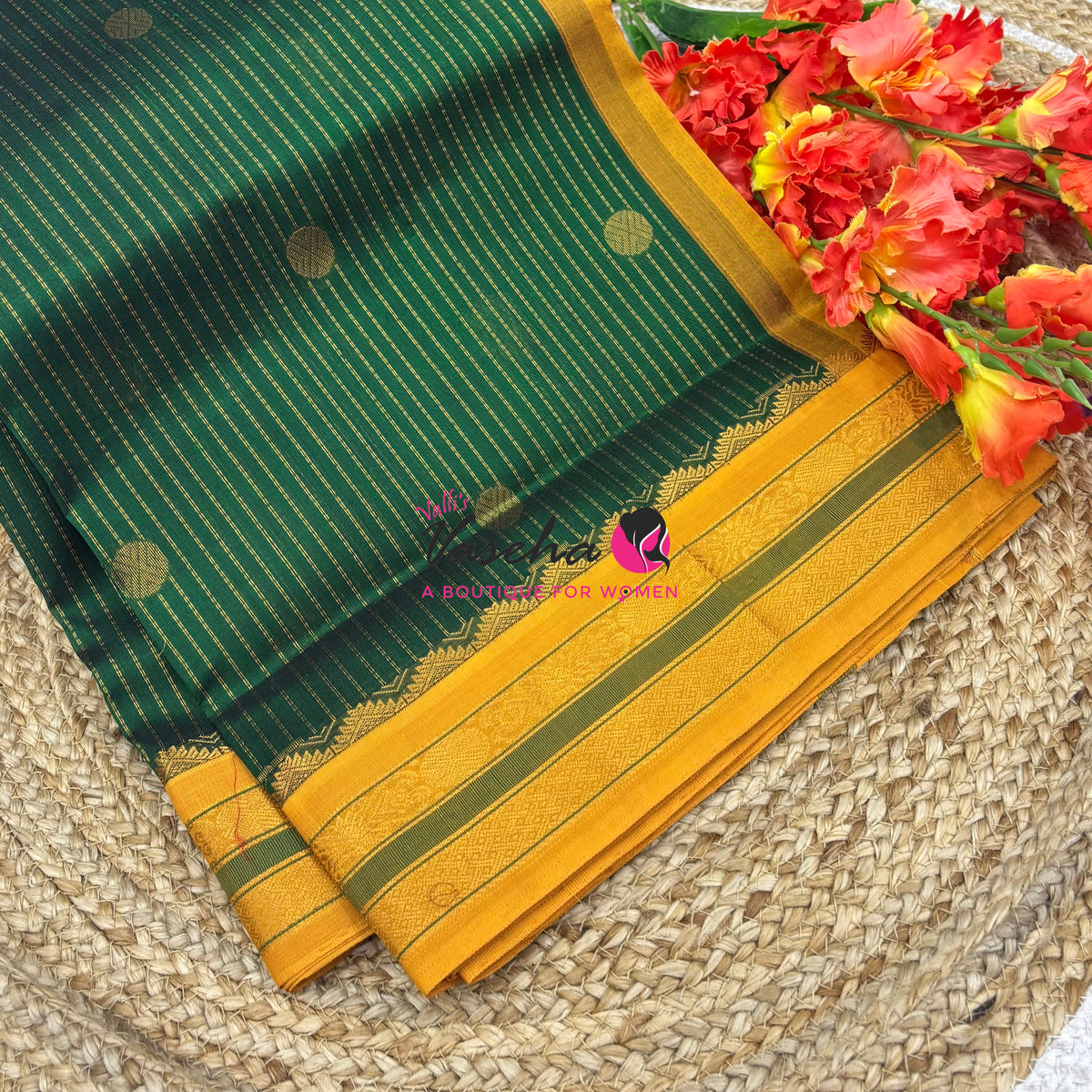 Pure Korvai Silk Cotton - Vairavoosi Lines - Green With Yellow Shade  - VVKSC039