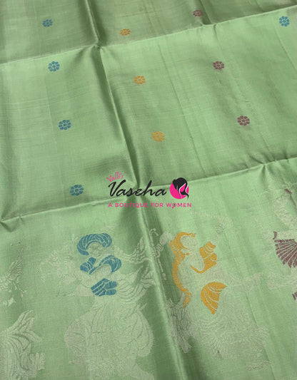 Pure Soft Silk Saree  - Light Green With Pink Combo - VVPSS139