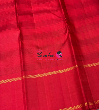Pure Korvai Kanchipuram Silk Saree - Checks Pattern - Black & White with Red Combo - VVPS015