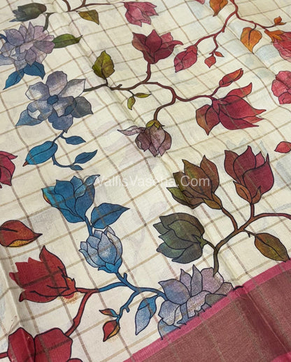 Pure Tussar Silk - Cream With Maroon Shade - VVPTS001