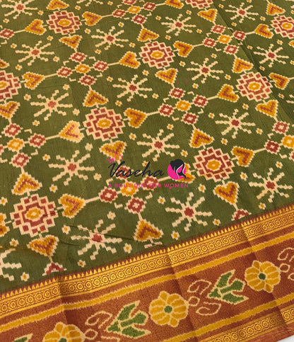 Semi Patola / Art Silk Saree - Green With Rust Orange Combo - VVSPS001